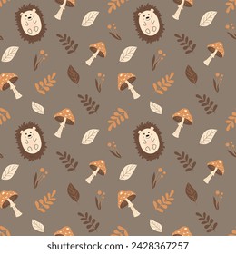 Autumn seamless pattern with cute hedgehogs, leaves and mushrooms on a brown background. Pattern for fabric, wrapping paper, textile, wallpaper and clothing. Vector illustration