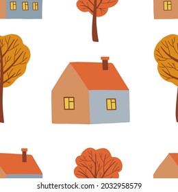 Autumn seamless pattern with cute houses and trees. Vector illustration