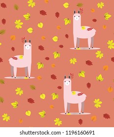 Autumn seamless pattern with cute llama, bright falling leaves on red background.