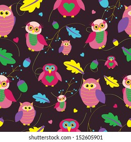 Autumn seamless pattern with cute owl