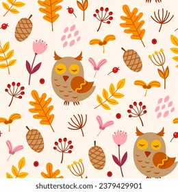Autumn seamless pattern with cute owl and falling oak leaves. Decorative vector background.