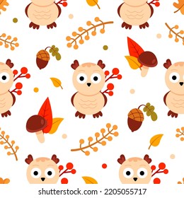 Autumn seamless pattern with cute owlet, leaves, mushrooms. Vector illustration.