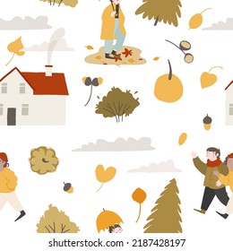 Autumn seamless pattern with cute people characters, decorative Fall elements. Pumpkins, leaves, trees, foliage. Autumn season wrapping paper, background. Vector cartoon flat style illustration