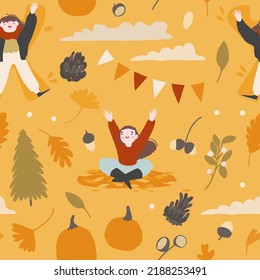 Autumn seamless pattern with cute people characters, decorative Fall elements. Pumpkins, leaves, trees, foliage. Autumn season wrapping paper, background. Vector cartoon flat style illustration