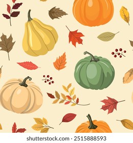 Autumn seamless pattern with cute pumpkins, forest leaves, and red berries. Vector cartoon illustration. Fall harvest, Thanksgiving wallpaper, graphic.