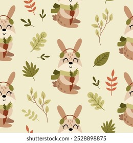 Autumn seamless pattern, with cute rabbit and fall leaves. Hand drawn vector illustration in flat style