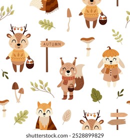 Autumn seamless pattern, with cute rabbit, deer, squirrel, fox and seasonal object. Hand drawn vector illustration in flat style