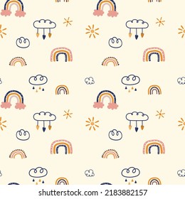 Autumn seamless pattern with cute rainbows, clouds and sun cartoon paintings. Happy fall drawings collection for decoration