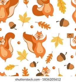 Autumn Seamless Pattern with Cute Squirrel, Colorful Leaves and Acorns, Design Element Can Be Used for Fabric, Packaging, Background Vector Illustration