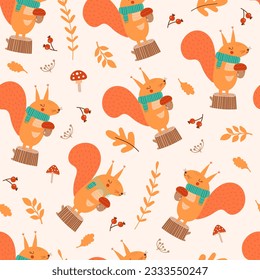 Autumn seamless pattern  with cute squirrel, leaves, acorn, mushrooms.  Vector illustrations