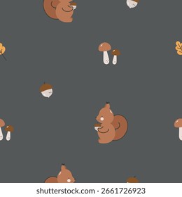 Autumn seamless pattern with cute squirrel. For design, fabric, wrapping, cards, textile, wallpaper, apparel. Isolated vector cartoon illustration in flat style.