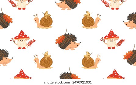 Autumn seamless pattern with cute wild animals and fly agaric mushroom.Colorful background with cartoon hedgehog,snail,fall leaves and twig.Vector design for printing on fabric and paper,textile.