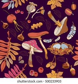 Autumn seamless pattern cute wild forest mushroom acorns autumn leaves fabric pattern design textile hand drawn vector 