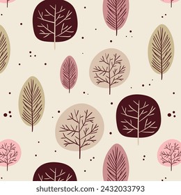 Autumn seamless pattern with cute woodland trees and leaves.
