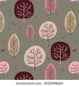 Autumn seamless pattern with cute woodland trees and leaves.