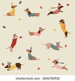 Autumn seamless pattern with dachshunds wearing hats and clothes on blue background. Vector illustration. Cute seamless pattern with long dogs dachshunds. Autumn leaves and dog