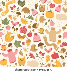 Autumn seamless pattern with decorative doodle style images of faded leaves animals food clothes and insects vector illustration