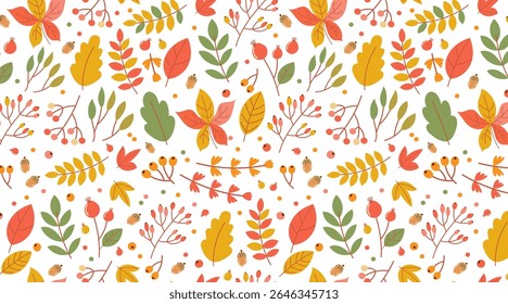 Patrón otoño sin fisuras con follaje decorativo y Elementos florales en ricos tonos de otoño para estampados de temporada, tela y papelería. Patrón inconsútil de las hojas y de las bayas coloridas de la caída para los Diseños del otoño
