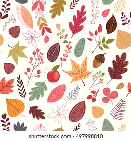 Autumn seamless pattern with decorative leaves and plants