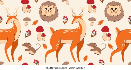 Autumn seamless pattern. Deer, hedgehog, mouse, mushrooms, autumn leaves. Flat vector illustration.
