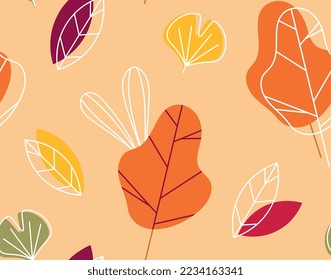 Autumn seamless pattern. Design element for printing on fabric. Colorful leaves, nature and flora, plants. Poster or banner for website. Line art and outline. Cartoon flat vector illustration