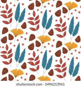 Autumn seamless pattern design. Repetition background with ginkgo. willow and linden leaves. Fall ornament isolated on white. Seasonal gift paper backdrop. Colorful hand drawn flat vector illustration