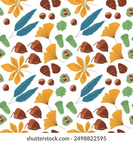 Diseño de patrón transparente de otoño. Fondo de repetición con hojas de castaño, ginkgo, sauce y tilo. Ornamento de otoño aislado. Fondo de papel de regalo de color de temporada. Ilustración vectorial plana dibujada a mano