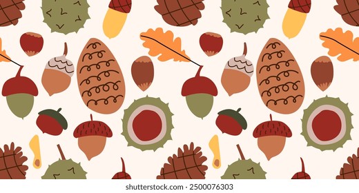 Autumn seamless pattern design. Repetition background with chestnut, ginkgo, willow and linden leaves. Fall ornament isolated. Seasonal color gift paper backdrop. Hand drawn flat vector illustration .