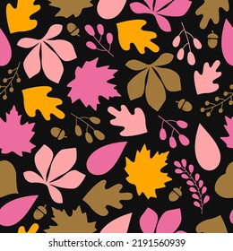 Autumn seamless pattern with different colorful leaves and plants on a black background. Flat design. Vector illustration