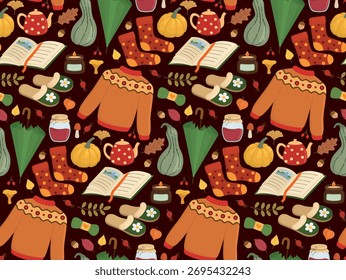 Autumn seamless pattern with different elements on dark. Background with sweaters, candles, pumpkins, books, socks, umbrellas, fall leaves
