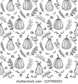 Autumn Seamless Pattern with Different Form Pumkins. Template for decor Thanksgiving or Halloween or Fall Festival. Ink decoration. Textile print. Fabric vector pattern.