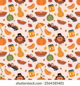 Autumn seamless pattern with different autumn illustrations and elements including pumpkins, pies, turkeys and more . . .