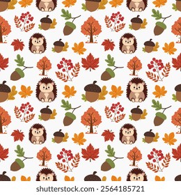 Autumn seamless pattern with different autumn illustrations and elements including acorn, oak tree, hedgehog and more . .