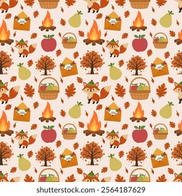 Autumn seamless pattern with different autumn illustrations and elements including apples, pears, falling leaves and more . . .	