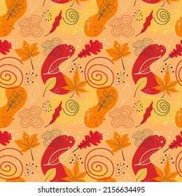Autumn seamless pattern with different leaves and seasonal colors. Perfect for wallpaper, gift paper, pattern fills, web page background, autumn greeting cards.