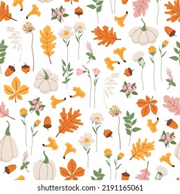 Autumn seamless pattern with different leaves flowers and pumpkins on a white background. Fall colorful floral background for fabric wrapping and other surfaces in vector. 