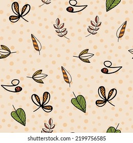 Autumn seamless pattern with different leaves and plants, seasonal colors. Perfect for wallpaper, gift paper, pattern fills, web page background, autumn greeting cards. Vector illustration