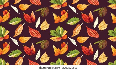 autumn seamless pattern, different leaves and plants, autumn season colors