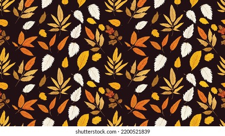 autumn seamless pattern, different leaves and plants, autumn season colors