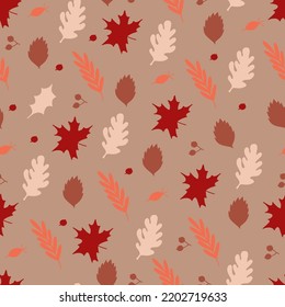 Autumn seamless pattern with different leaves and plants, seasonal colors. Perfect for wallpaper, gift paper, pattern fills, web page background, autumn greeting cards. Vector illustration
