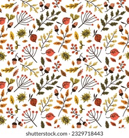 Autumn seamless pattern with different leaves and plants, seasonal colors
