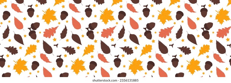 Autumn seamless pattern with different leaves and plants, seasonal colors