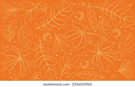 Autumn seamless pattern with different leaves and plants, seasonal colors. Seamless pattern of autumn leaves. Vector illustration.