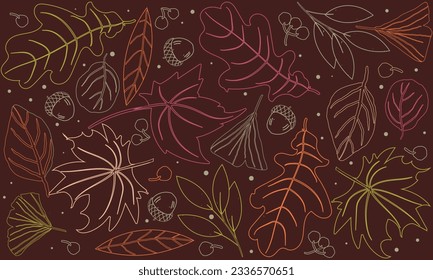 Autumn seamless pattern with different leaves and plants, seasonal colors. Seamless pattern of autumn leaves. Vector illustration.