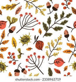 Autumn seamless pattern with different leaves and plants, seasonal colors