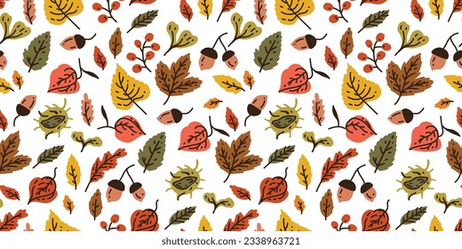 Autumn seamless pattern with different leaves and plants, seasonal colors