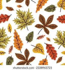 Autumn seamless pattern with different leaves and plants, seasonal colors