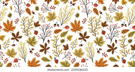 Autumn seamless pattern with different leaves and plants, seasonal colors