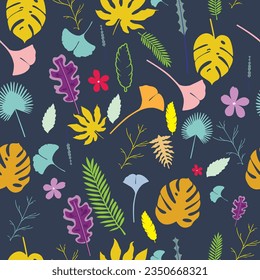 Autumn seamless pattern with different leaves ,flower and plants, seasonal colors.