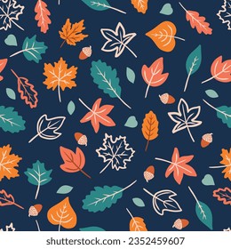 Autumn seamless pattern with different leaves and acorns. Hand drawing vector leaves 
